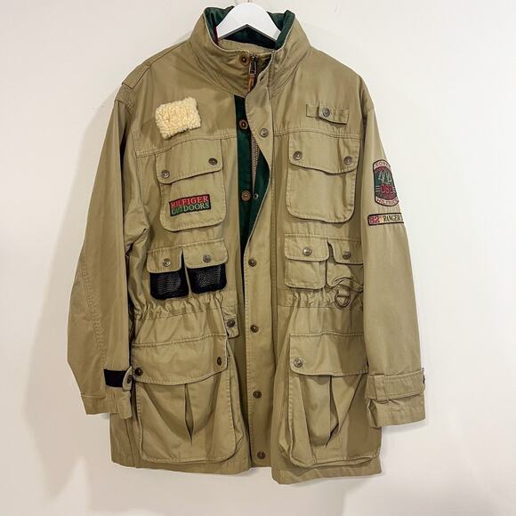 Vintage 90s Tommy Hilfiger Mens Size M Outdoor Hunting Parka Layer Jacket Khaki - Picture 1 of 16